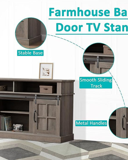 TV Stand with 2 Sliding Barn Doors, 58 Inch TV Stand with Storage Cabinet and Shelves, Television Stands with Storage for Living Room, Bedroom, Brown - LeafyLoom
