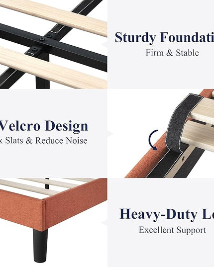 Allewie Queen Bed Frame, Platform Bed Frame Queen Size with Upholstered Headboard, Modern Deluxe Wingback, Wood Slat Support, Mattress Foundation, Burnt Orange - LeafyLoom