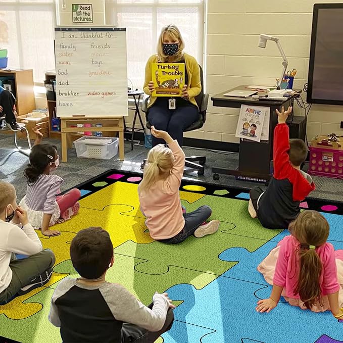 Booooom Jackson Small Classroom Rug Colorful Puzzle Classroom Carpet 6'5"x8'5"Area Rug with Non-Slip Backing School Classroom Seating Carpet Elementary(PzYE-2620) - LeafyLoom