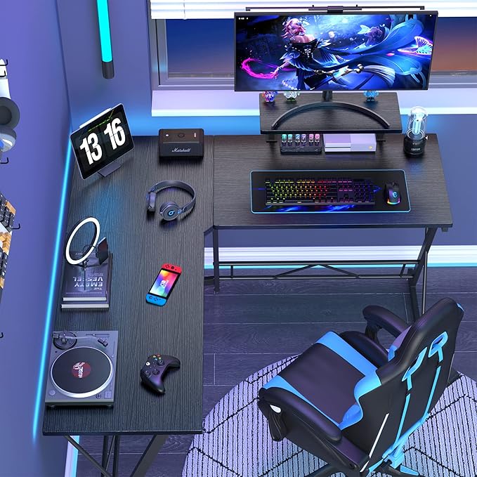 Mr IRONSTONE L Shaped Gaming Desk Corner Computer Desk, Home Office Desks Writing Workstation with Large Monitor Stand, Easy to Assemble (Black,51 Inch) - LeafyLoom