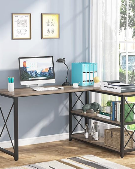 Tribesigns Reversible Industrial L-Shaped Desk with Storage Shelves, Corner Computer Desk PC Laptop Study Table Workstation for Home Office Small Space (Grey, 53") - LeafyLoom