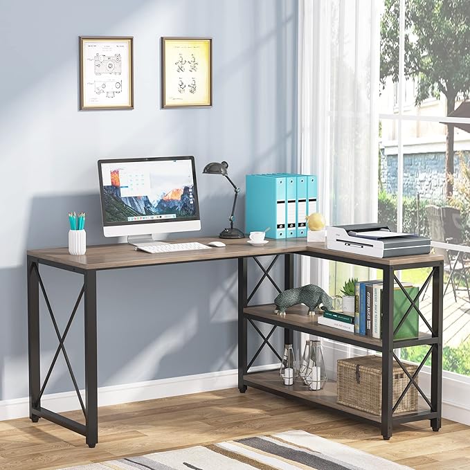 Tribesigns Reversible Industrial L-Shaped Desk with Storage Shelves, Corner Computer Desk PC Laptop Study Table Workstation for Home Office Small Space (Grey, 53") - LeafyLoom
