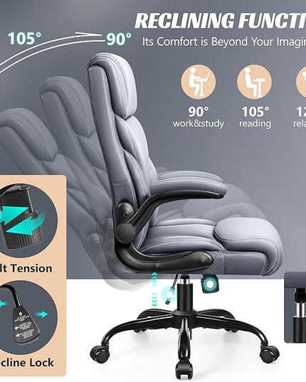 Office Chair, Ergonomic Big and Tall Computer Desk Chairs, Executive Breathable Leather Chair with Adjustable High Back Flip-up Armrests, Lumbar Support Swivel PC Chair with Rocking Function - LeafyLoom