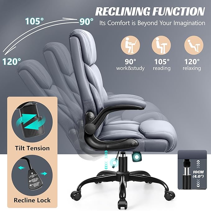 Office Chair, Ergonomic Big and Tall Computer Desk Chairs, Executive Breathable Leather Chair with Adjustable High Back Flip-up Armrests, Lumbar Support Swivel PC Chair with Rocking Function - LeafyLoom