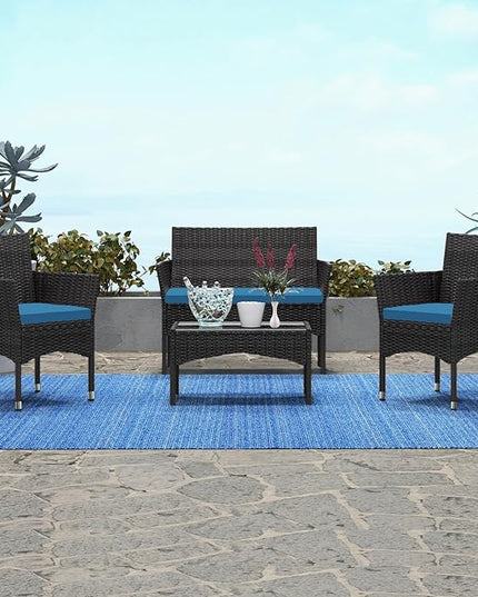 Patio Furniture, 4 Piece Conversation Set, Outdoor Wicker Rattan Table and Chairs, Sectional Sofa with Thick Cushion for Garden, Yard, or Porch, Black - LeafyLoom