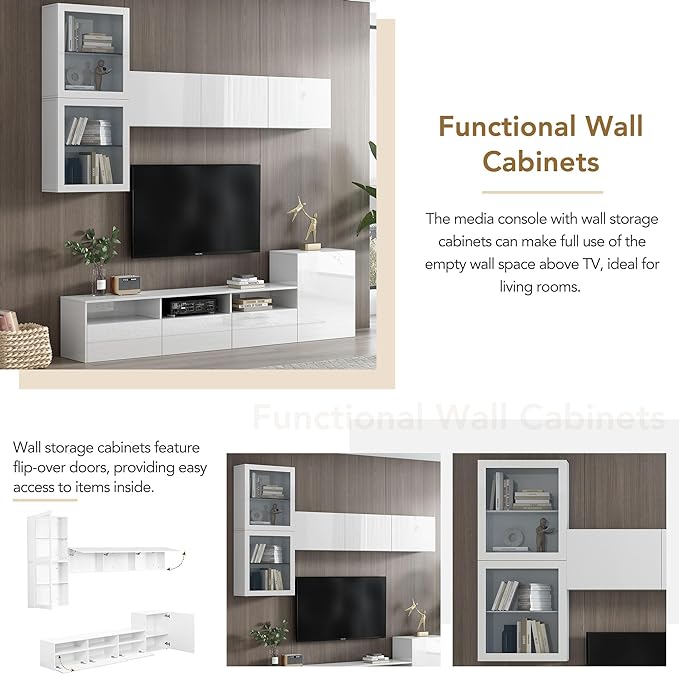 Merax High Gloss TV Stand with Wall Mounted Floating Storage Cabinets, Media Console for Television Up to 75" Versatile Entertainment Center, for Living Room, 93 inch Length, White - LeafyLoom