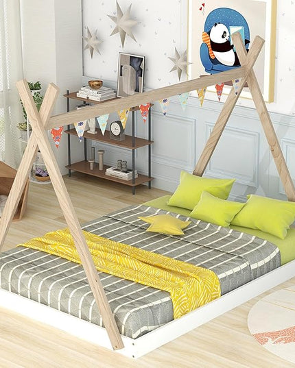 Bellemave Full Size Tent Floor Bed Frame with Triangle Structure, Teepee Bed Platform Bed for Kids,Montessori Floor Bed for Girls Boys(Full,White+Natural) - LeafyLoom
