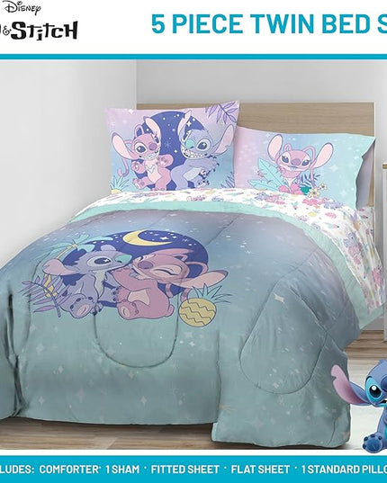 Disney Lilo and Stitch Twin Size Comforter Set - 5 Piece Floral Bedding includes Sheet Set & Pillow Covers Features Angel - Super Soft Purple & Teal Stars Kids Bedding - LeafyLoom