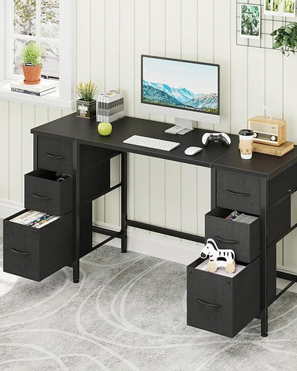 55'' Office Desk with 6 Fabric File Drawers - File Drawer Organization, Computer Work Desk, Study Writing Table, Home Office Workstation, Black. - LeafyLoom