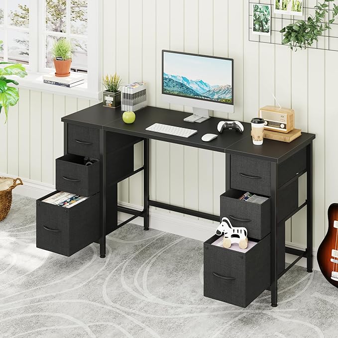 55'' Office Desk with 6 Fabric File Drawers - File Drawer Organization, Computer Work Desk, Study Writing Table, Home Office Workstation, Black. - LeafyLoom