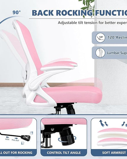 Office Chair Desk Chair, Ergonomic Mesh Computer Chair Home Office Desk Chairs, Swivel Task Chair Mid Back Breathable Rolling Chair with Adjustable Lumbar Support Flip Up Armrest (Pink) - LeafyLoom