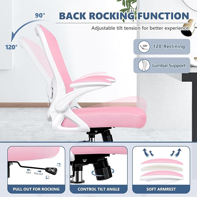 Office Chair Desk Chair, Ergonomic Mesh Computer Chair Home Office Desk Chairs, Swivel Task Chair Mid Back Breathable Rolling Chair with Adjustable Lumbar Support Flip Up Armrest (Pink) - LeafyLoom