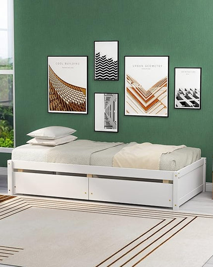 Twin Bed with 2 Storage Drawers, Solid Pinewood Twin Size Bed Frame,for Boys/Girls/Teens Bedroom, Easy to Assemble, No Box Spring Needed,White - LeafyLoom
