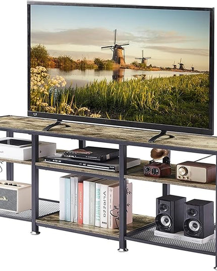 VECELO TV Stand for Televisions up to 70 Inch, Industrial Entertainment Center with 3-Tier Open Storage Shelves& Hooks for Living, Bedroom and Gaming Room, 63 Inch, Grey - LeafyLoom