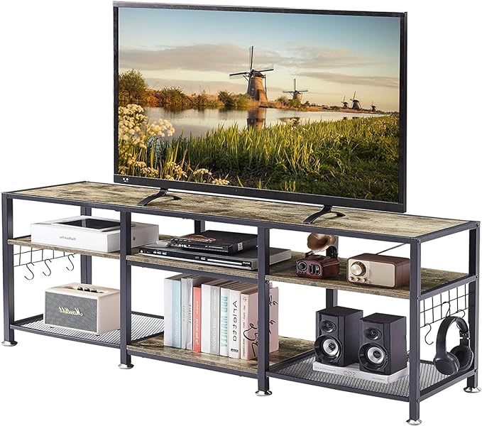 VECELO TV Stand for Televisions up to 70 Inch, Industrial Entertainment Center with 3-Tier Open Storage Shelves& Hooks for Living, Bedroom and Gaming Room, 63 Inch, Grey - LeafyLoom