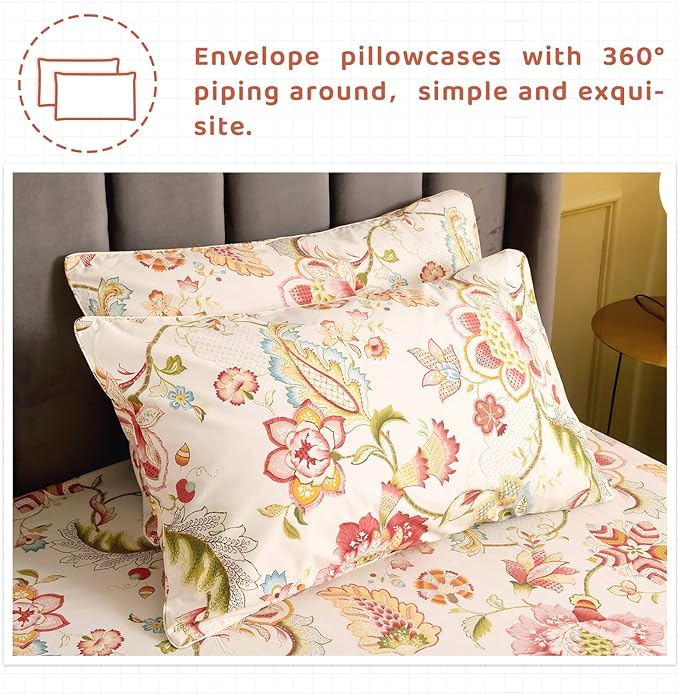 QSH Floral Bed Sheets Set - Queen Size Boho Lotus Print Bed Sheet Set - Extra Soft and Breathable 100% Egyptian Cotton - Farmhouse Bedding - 4 pcs Deep Pockets Flower Bed Sheets - LeafyLoom