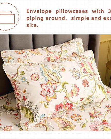 QSH 100% Egyptian Cotton Sheets Cal King Size, Red Yellow Flowers Leaves Pattern Botanical Printed Flower Bedding Sheets, 4pcs Deep Pocket Bed Sheet Set - LeafyLoom