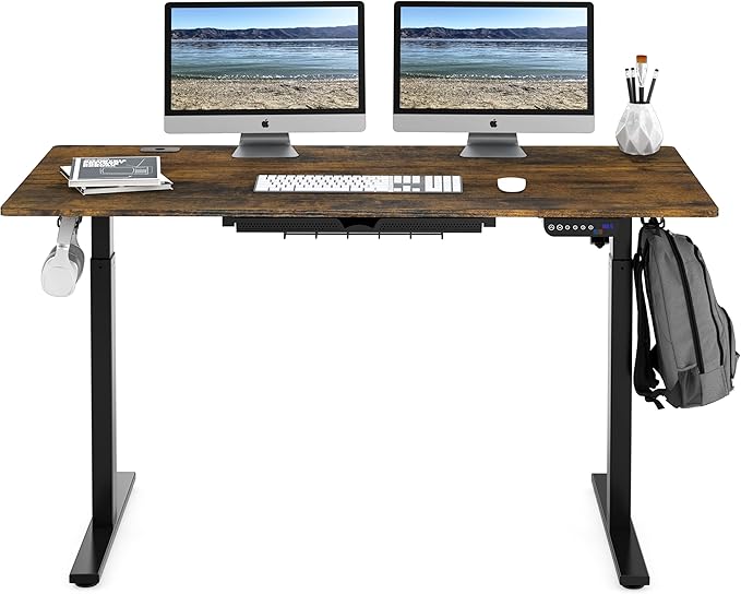 SHW 55-Inch Large Electric Height Adjustable Standing Desk, 55 x 28 Inches, Rustic Brown - LeafyLoom