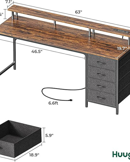 63 Inch Computer Desk with Power Outlets and LED Lights, Gaming Desk with 4 Drawers, Office Desk with Monitor Stand, Study Desk Work Desk for Home Office, Rustic Brown - LeafyLoom