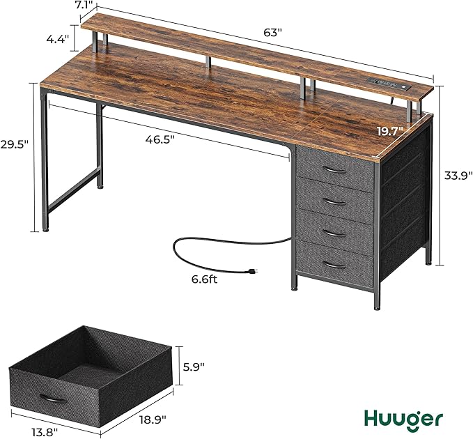 63 Inch Computer Desk with Power Outlets and LED Lights, Gaming Desk with 4 Drawers, Office Desk with Monitor Stand, Study Desk Work Desk for Home Office, Rustic Brown - LeafyLoom