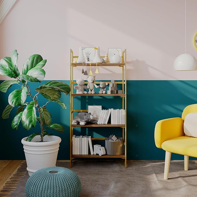 No-Assembly Folding Gold Bookshelf Storage Shelves 4 Tiers Vintage Multifunctional Plant Flower Stand Storage Rack Shelves Bookcase for Home Office - LeafyLoom