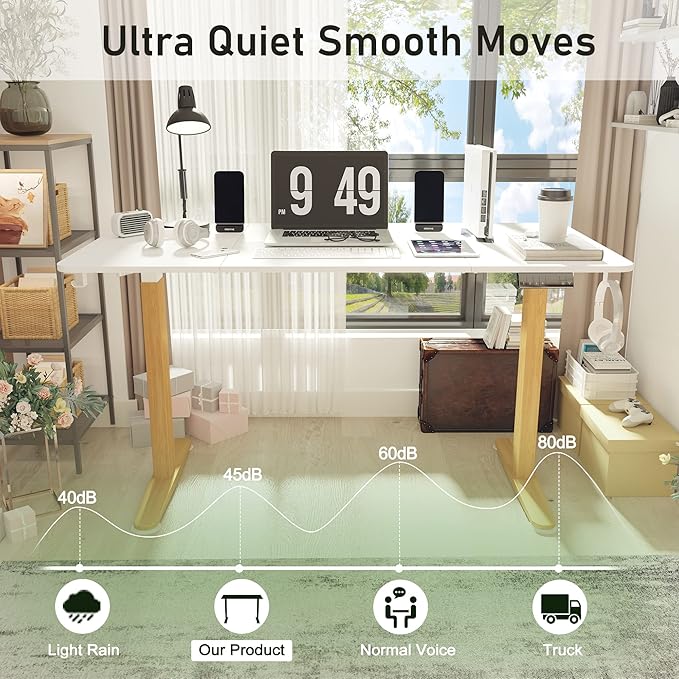Monomi Electric Standing Desk, 55 x 28 inches Height Adjustable Desk, Ergonomic Home Office Sit Stand Up Desk with Memory Preset Controller (White Top/Wood Grain Frame) - LeafyLoom
