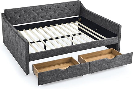 Queen Size Daybed with 2 Drawers, Upholstered Tufted Sofa Bed, with Button Back and Waved Shape Arms, Wood Slat Support, No Spring Box Need, for Bedroom, Livingroom - LeafyLoom