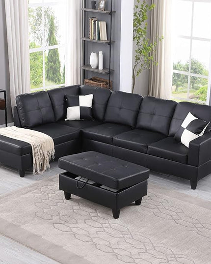 ROOMTEC Button L Shape 3 Piece Sectional Sofa Set, Upholstered Corner Couch with Storage Ottoman, Faux Leather Tufted Cushions, for Living Room, Apartment, 103inch, Black w/Left Chaise Lounge - LeafyLoom