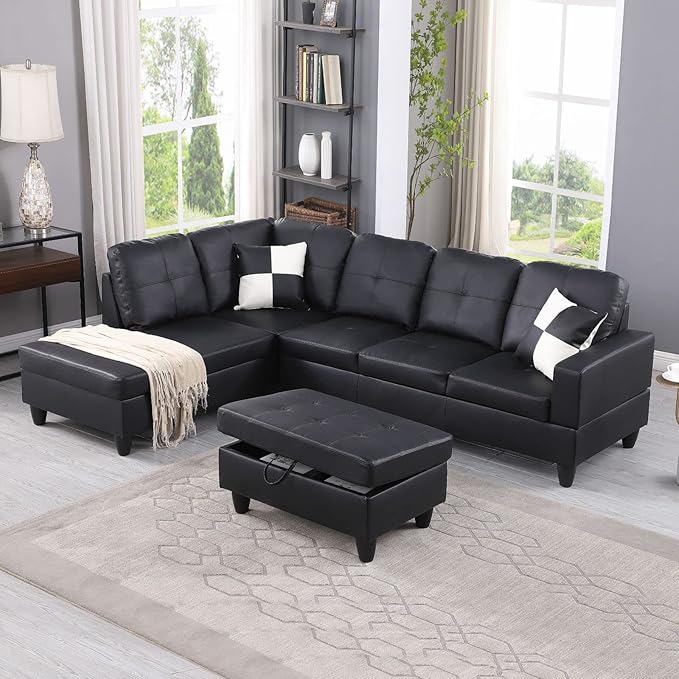 ROOMTEC Button L Shape 3 Piece Sectional Sofa Set, Upholstered Corner Couch with Storage Ottoman, Faux Leather Tufted Cushions, for Living Room, Apartment, 103inch, Black w/Left Chaise Lounge - LeafyLoom