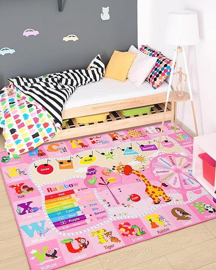 Chicrug Educational Kid Area Rug for Playroom, 5x7 Feet TPR Non Slip Kids Classroom Carpet Rug for Learning ABC Animal, Shape Color Fruit, Washable Play Mat Rug for Children Nursery Toddler Room Decor - LeafyLoom