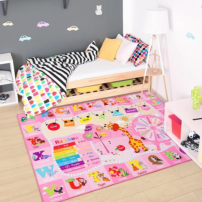 Chicrug Educational Kid Area Rug for Playroom, 5x7 Feet TPR Non Slip Kids Classroom Carpet Rug for Learning ABC Animal, Shape Color Fruit, Washable Play Mat Rug for Children Nursery Toddler Room Decor - LeafyLoom