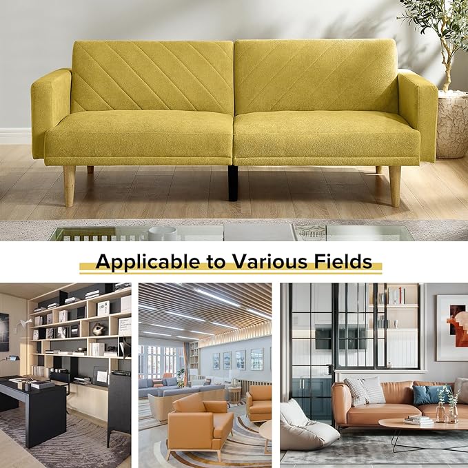 Folding Futon Sofa Tapered Wood Legs,Modern Space Saving Couch,Easily Converts to Single Bed,Easy Assembly,Multi-Functional Loveseat Ideal for Small Home Living Room,Yellow, 76" - LeafyLoom