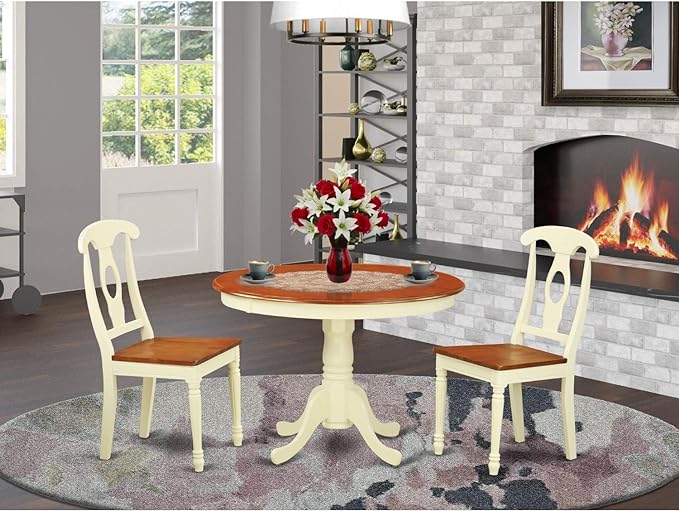 East West Furniture HLKE3-BMK-W 3 Piece Kitchen Table Set for Small Spaces Contains a Round Dining Room Table with Pedestal and 2 Solid Wood Seat Chairs, 42x42 Inch, Buttermilk & Cherry - LeafyLoom