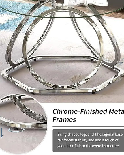 O&K FURNITURE Glass Coffee Table, Modern Silver Coffee Table Living Room Table with Hexagonal Base, Round Coffee Table for Home&Office, Chrome Finish, 1 PC - LeafyLoom