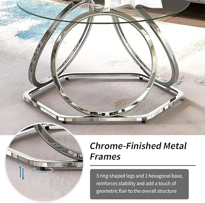 O&K FURNITURE Glass Coffee Table, Modern Silver Coffee Table Living Room Table with Hexagonal Base, Round Coffee Table for Home&Office, Chrome Finish, 1 PC - LeafyLoom