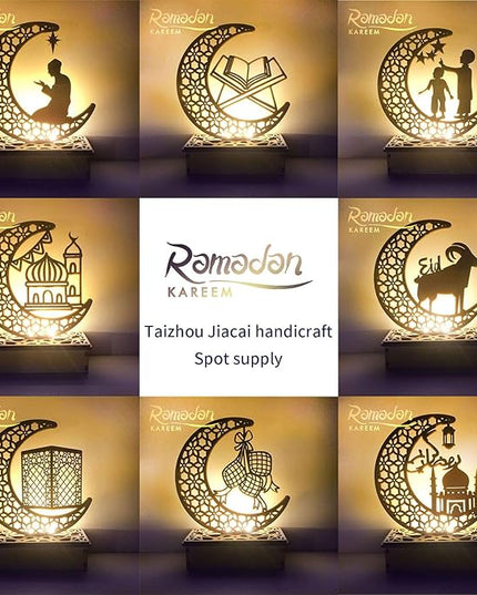 Wooden Eid Crafts Night Light Islamic Palace LED Moon Tabletop Lights Decor Eid Mubarak DIY Muslim Lighting 3D Ramadan Mubarak Lamp Decorations for Home Party Supplies (7.48*5.9*2.36inch, B) - LeafyLoom