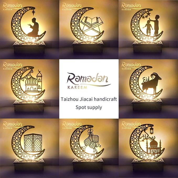 Wooden Eid Crafts Night Light Islamic Palace LED Moon Tabletop Lights Decor Eid Mubarak DIY Muslim Lighting 3D Ramadan Mubarak Lamp Decorations for Home Party Supplies (7.48*5.9*2.36inch, B) - LeafyLoom