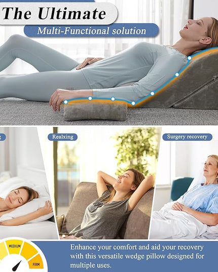 Axelrod Bed Wedge Pillow Set Foam | Adjustable Pillows for Back, Leg and Knee Pain Relief | Post Surgery Ortho Pillow – Anti Snoring, Heartburn, Acid Reflux & GERD- Grey - LeafyLoom