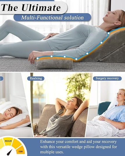 Axelrod Bed Wedge Pillow Set Foam | Adjustable Pillows for Back, Leg and Knee Pain Relief | Post Surgery Ortho Pillow – Anti Snoring, Heartburn, Acid Reflux & GERD Grey - LeafyLoom