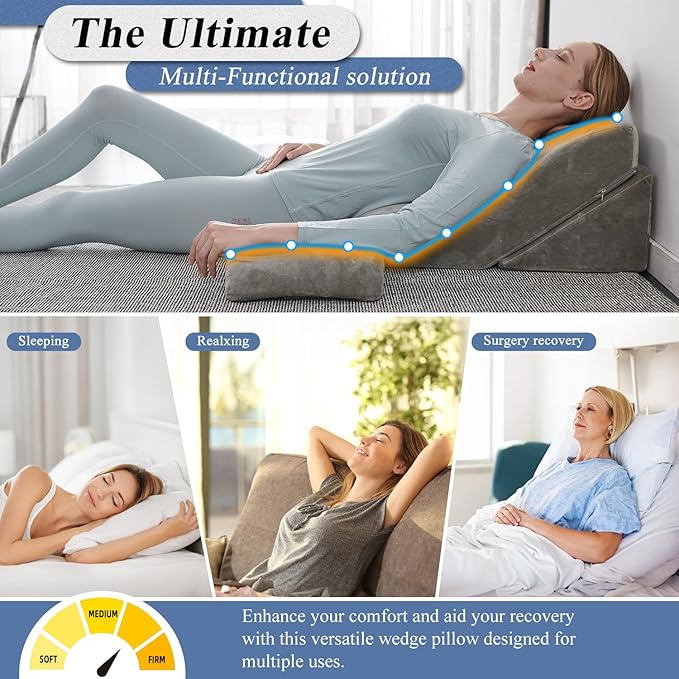 Axelrod Bed Wedge Pillow Set Foam | Adjustable Pillows for Back, Leg and Knee Pain Relief | Post Surgery Ortho Pillow – Anti Snoring, Heartburn, Acid Reflux & GERD Grey - LeafyLoom