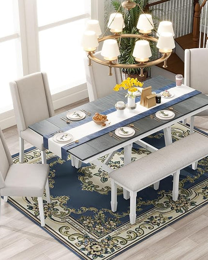 78Inch Dining Table Set for 6, Rectangular Extendable Dining Table with two 12" W Removable Leaves and 4 Upholstered Chairs & 1 Bench for Dining Room, Grey+White - LeafyLoom