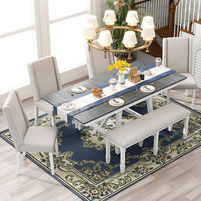78Inch Dining Table Set for 6, Rectangular Extendable Dining Table with two 12" W Removable Leaves and 4 Upholstered Chairs & 1 Bench for Dining Room, Grey+White - LeafyLoom