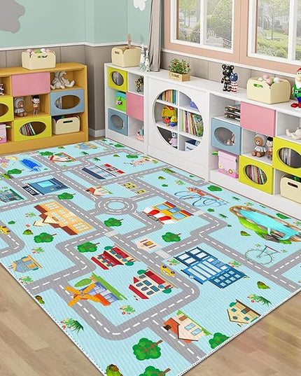 Kids Car Rug, 5x7 City Life Traffic Road Playmat for Toy Cars Trains, Non-Slip Race Track Carpet Educational Fun Area Rugs for Boy and Girl Bedroom Nursery - LeafyLoom