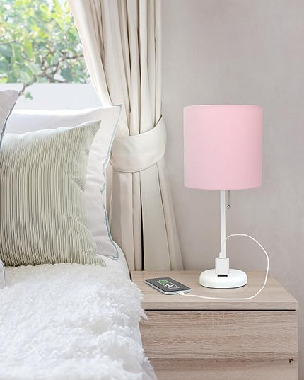 Simple Designs LT1144-POW Sleek and Slender White Table Lamp with Charging Outlet for Bedroom, Living Room, Entryway, Office, Dining Room, Study, Light Pink Shade - LeafyLoom