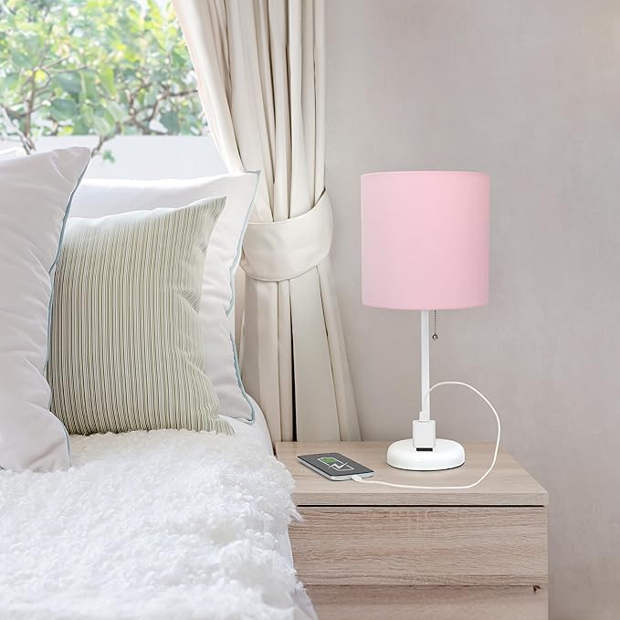 Simple Designs LT1144-POW Sleek and Slender White Table Lamp with Charging Outlet for Bedroom, Living Room, Entryway, Office, Dining Room, Study, Light Pink Shade - LeafyLoom