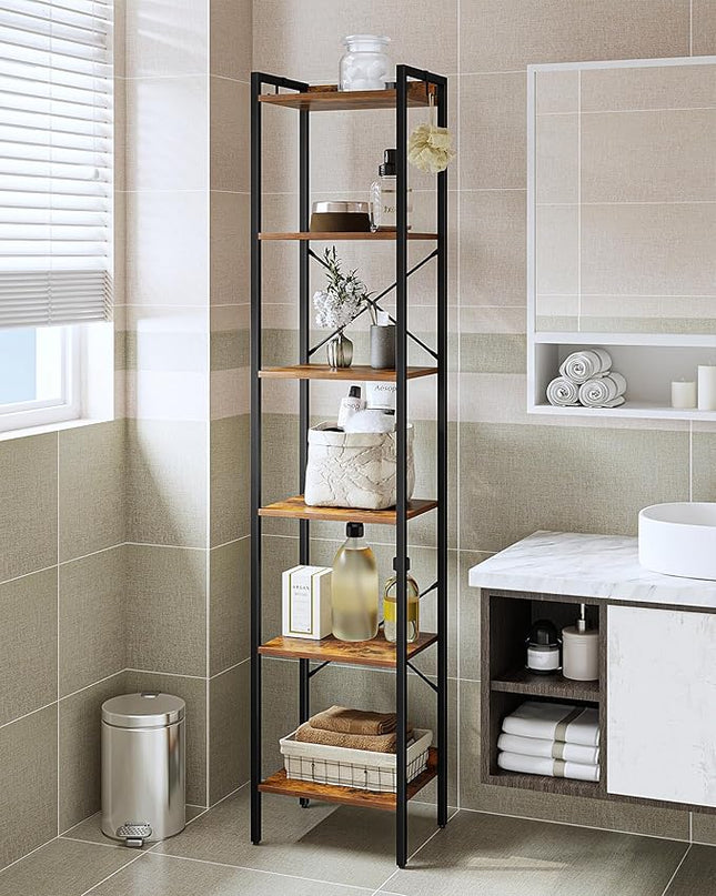 Bookshelf, Book Shelf, Industrial Bookcase with 2 Hooks, Coner Shelf Storage Organizer for Home Office, Living Room, Bedroom, Kitchen, 6-Tier Rustic Brown BC10701B - LeafyLoom
