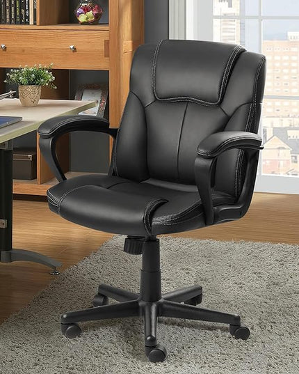 Executive Office Chair Swivel Task Seat with Ergonomic Mid-Back, Waist Support, PU Leather, Black - LeafyLoom