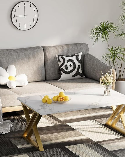 Coffee Table Living Room Table White Center Table, Simple Modern Faux Marble Rectangular Tea Table with Sturdy Gold-Finished Metal Frame,Industrial Wooden Coffee Table for Bedroom Home Office - LeafyLoom