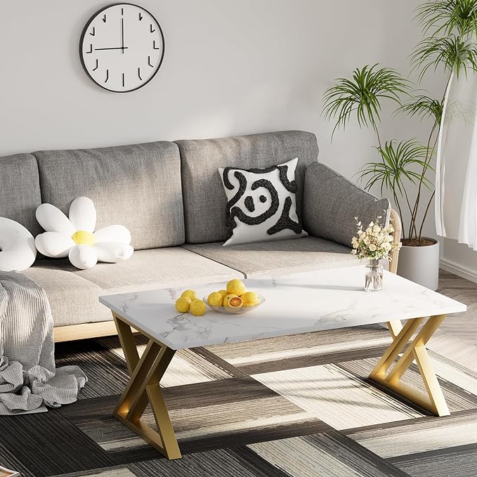 Coffee Table Living Room Table White Center Table, Simple Modern Faux Marble Rectangular Tea Table with Sturdy Gold-Finished Metal Frame,Industrial Wooden Coffee Table for Bedroom Home Office - LeafyLoom