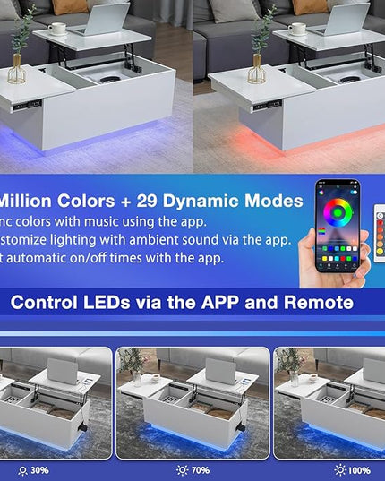 HOMMPA LED Coffee Table for Living Room Lift Top Coffee Tables with Power Outlet White Morden Center Table with Storage Hidden Compartment High Gloss Lift Tabletop - LeafyLoom